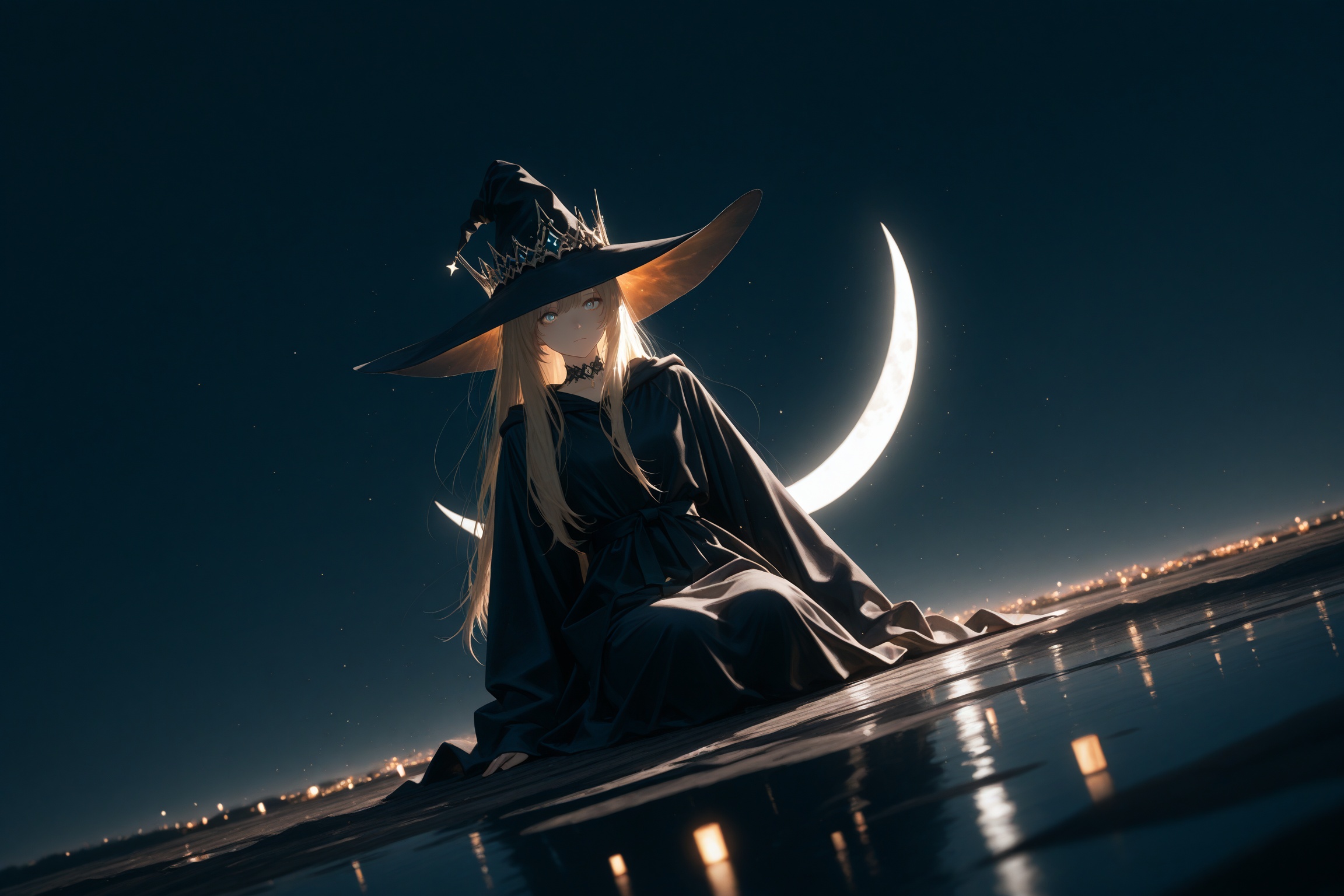masterpiece,best quality,amazing quality,very aesthetic,absurdres,newest,extreme aesthetic,in the style of fashion photography,light particles,cinematic lighting,Visual impact,sharp focus,Emotionalization,depth of field,dutch angle,scenery,beautiful and aesthetic:1.2),(1girl:1.4),extreme detailed,A witch sitting on a crescent moon,witch robe,witch hat,surreal,748cmstyle,re4lity_sync_illu,