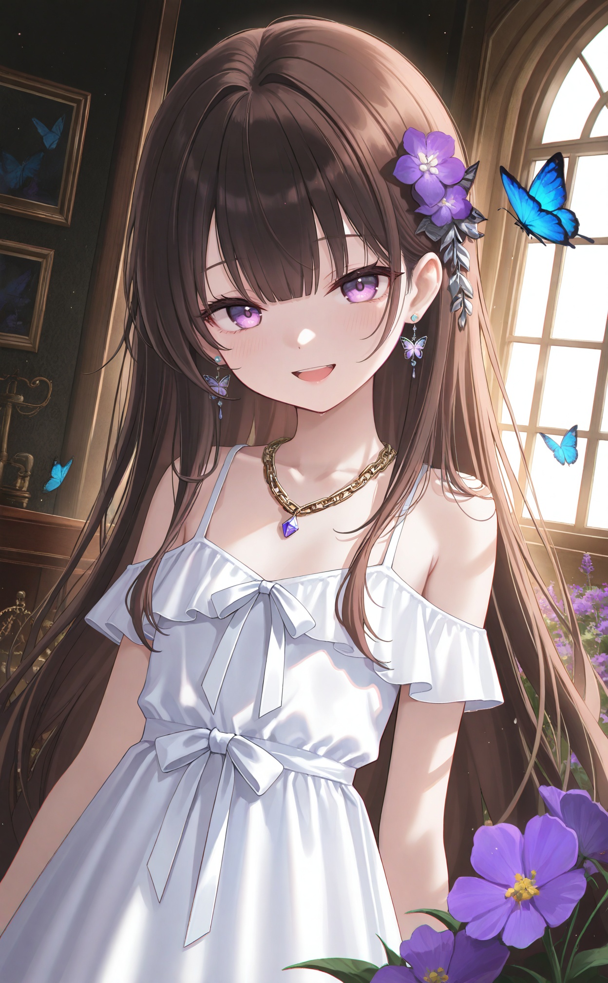 masterpiece,very aware,highres,absurdres,newest,best quality,petite,high quality,chromatic_aberration,cinematic_angle,dutch angle,child,petite,//,1girl,solo,long hair,looking at viewer,smile,open mouth,bangs,brown hair,black hair,hair ornament,dress,bow,jewelry,very long hair,purple eyes,upper body,flower,earrings,indoors,hair flower,necklace,white dress,window,chain,bug,butterfly,purple flower,<lora:12.17lczz new:0.8>