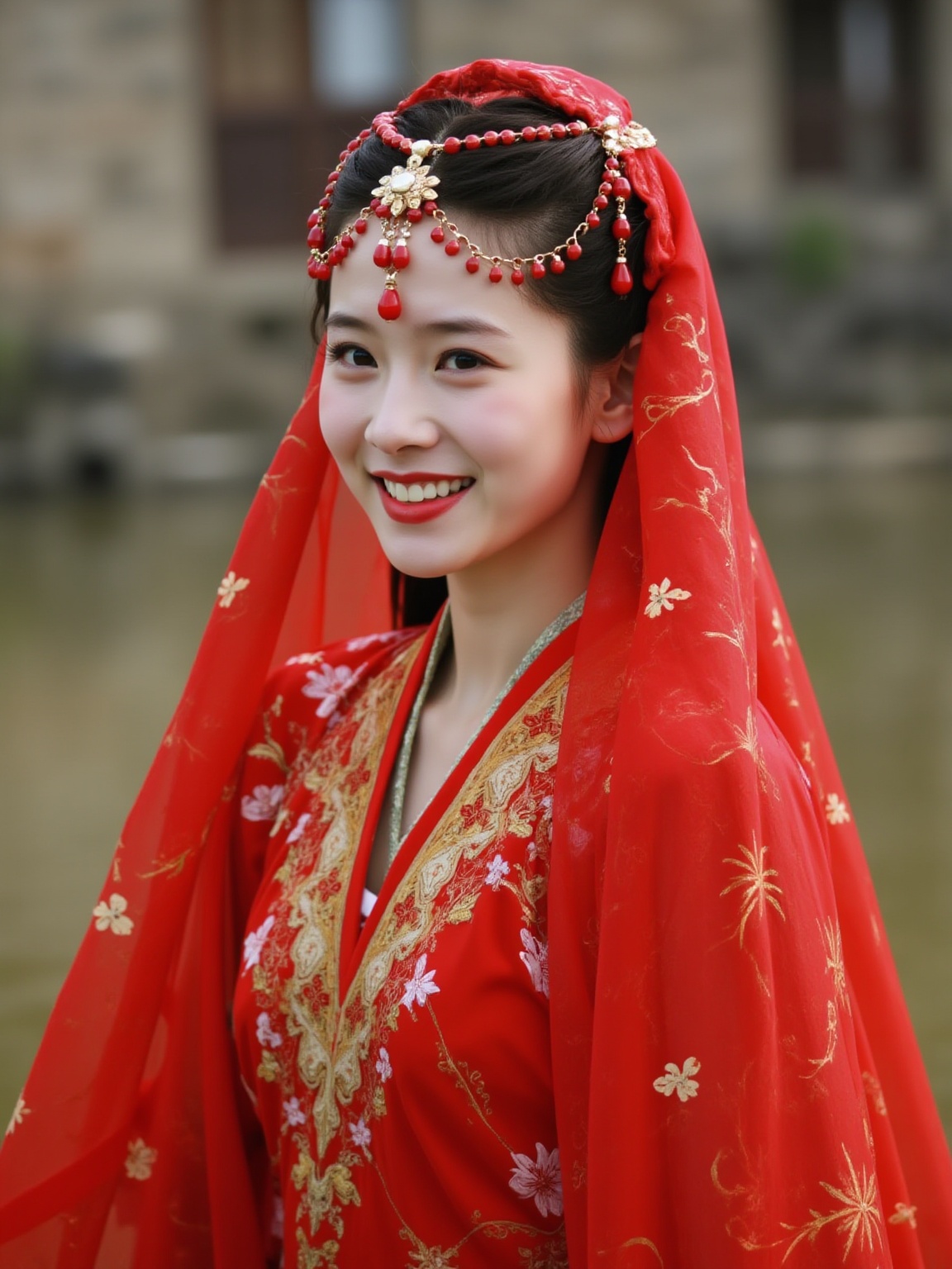 xiyu,Very realistic style,HD photography style,a woman,red hanfu,outdoors,smile,