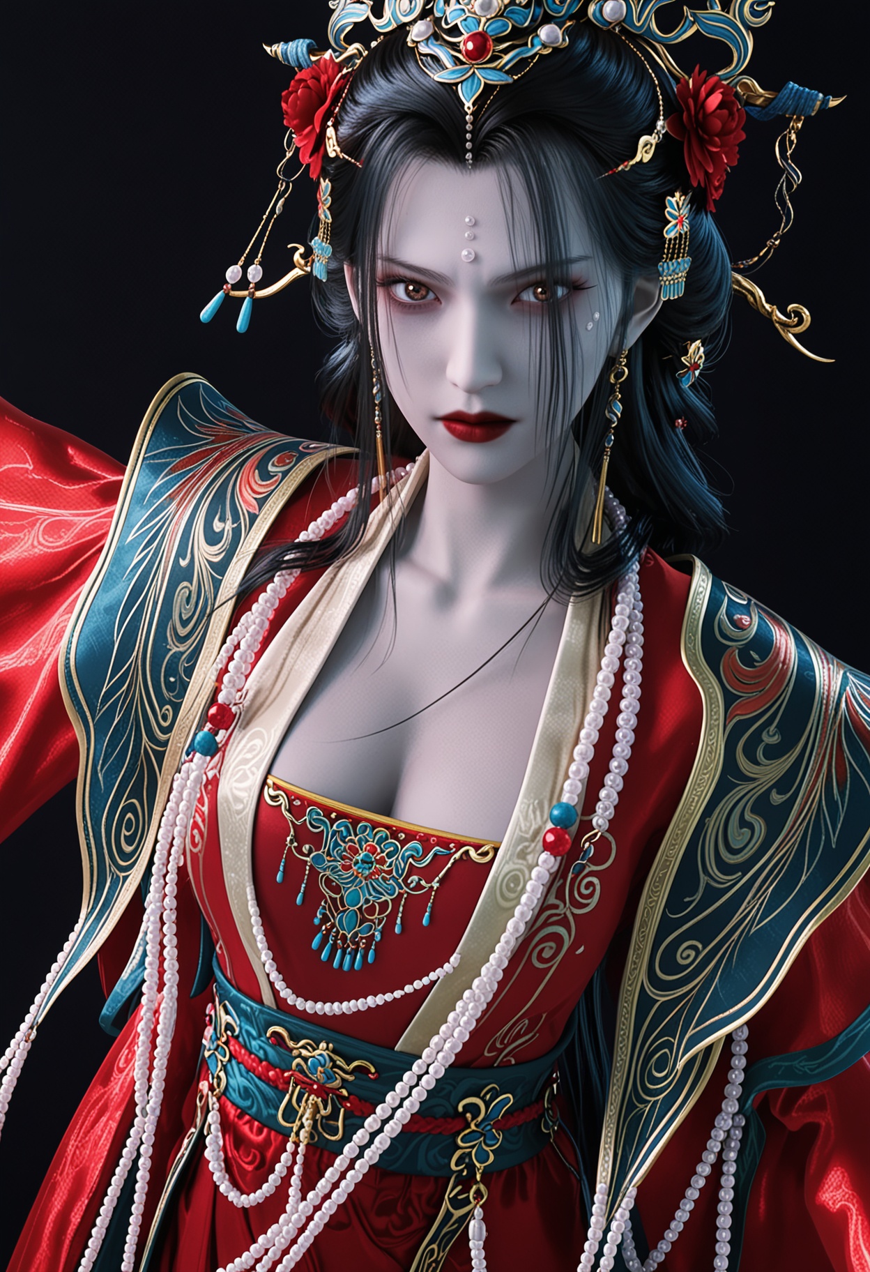 score_9,looking_at_viewer,large breasts,chufuren,1girl,solo,hair ornament,jewelry,black hair,long hair,beads,earrings,forehead mark,necklace,red lips,chinese clothes,facial mark,hair flower,dress,bead necklace,red dress,makeup,brown eyes,realistic,lipstick,shoes,(simple background,pure black background,black background:1.1),perfect_anatomy,<lora:QQSponychufurenV1:0.8>,