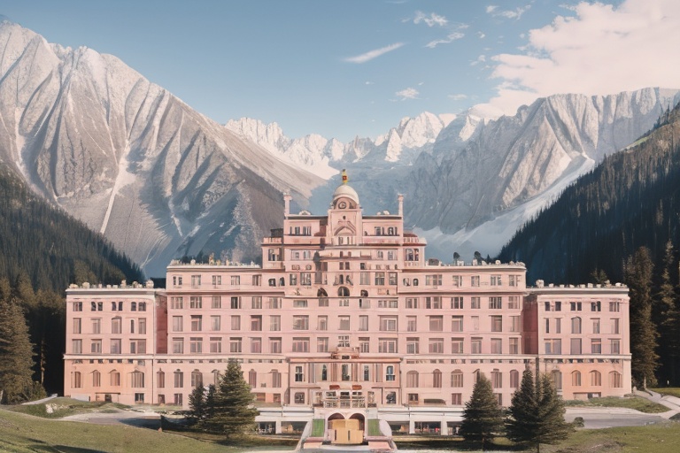 masterpiece,best quality,realistic,wes anderson,<lora:wes_anderson-000005:0.6>,building and  alps,