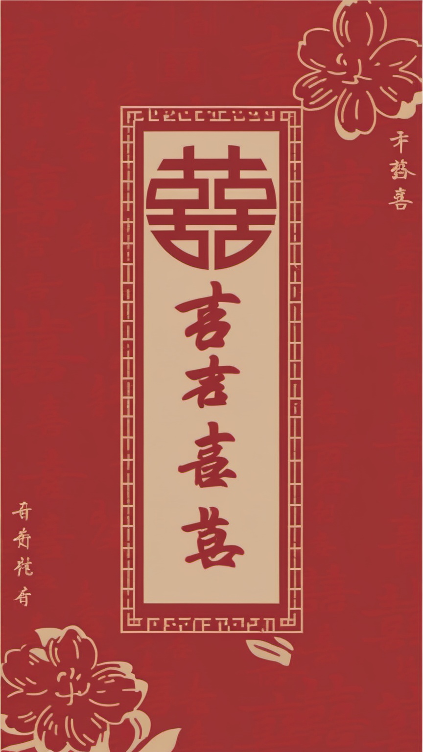 hongbao,A digital drawing flaunts a vertical red background with a beige floral border. In the middle, there's a beige rectangle featuring Chinese characters and a stylized flower. The design rocks traditional Chinese elements with a modern twist, highlighting cultural vibes and festive feels.,<lora:hongbao_v1-000012:1>