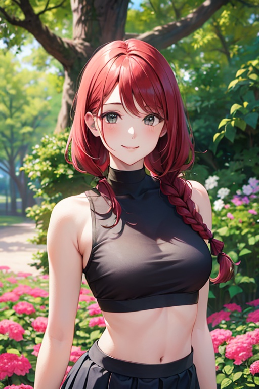 masterpiece, best quality, gorgeous pale american cute girl, smiling, (crop top), red hair loose braided hair, short polca skirt, lean against a tree, field, flowers smiling, perfectly symmetrical face, detailed skin, elegant, alluring, attractive, amazing photograph, masterpiece, best quality, 8K, high quality, photorealistic, realism, art photography, Nikon D850, 16k, sharp focus, masterpiece, breathtaking, atmospheric perspective, diffusion, pore correlation, skin imperfections, DSLR, 80mm Sigma f2, depth of field, intricate natural lighting, looking at camara