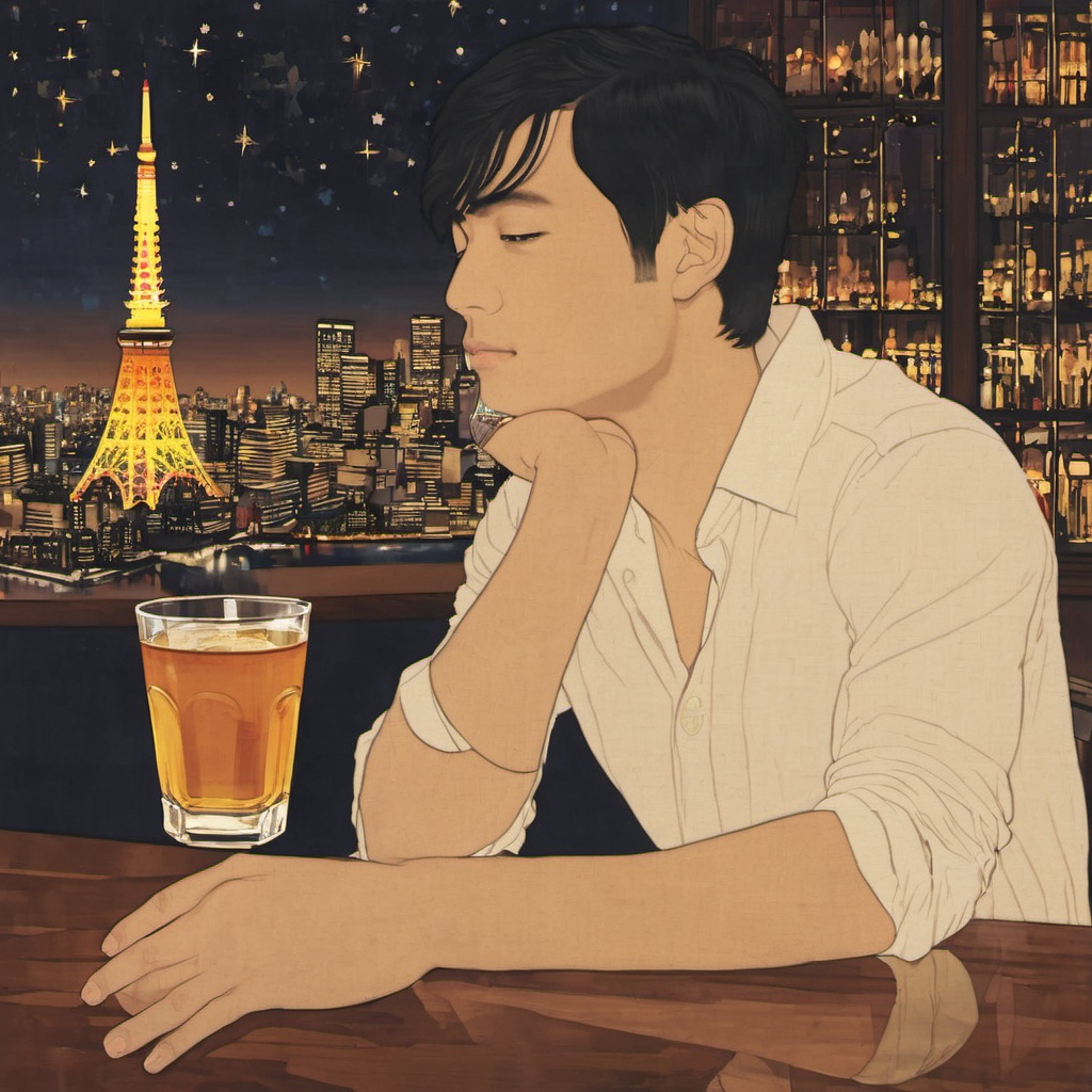 <lora:ukiyo-e_xl_v2:1>,solo,short hair,brown hair,shirt,1boy,holding,sitting,closed eyes,male focus,sky,collared shirt,pants,indoors,cup,window,night,chair,table,bottle,building,star \(sky\),night sky,holding cup,alcohol,sleeves rolled up,drinking glass,watch,city,drinking,glass,wristwatch,cityscape,city lights,whiskey,1girl,black hair,profile,black pants,a young individual,possibly male,sitting at a bar counter,he is sipping from a glass which contains a golden-colored liquid possibly whiskey,the bar counter is adorned with a variety of bottles and each labeled with different brands and types of alcohol,the backdrop reveals a breathtaking view of tokyo tower illuminated against a night sky filled with stars,the city lights shimmer casting a warm glow on the scene,the ambiance is serene with a touch of nostalgia,suggesting a moment of reflection or relaxation for the individual,young individual,bar counter,golden-colored liquid,bottles,brands,tokyotower,stars,ambiance,reflection,负向提示
