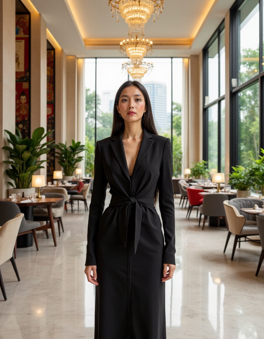 This is a  beautiful photograph of a black hair woman,full body, Hotel interior space,modern luxury design,high ceilings,marble flooring,large windows,abundant natural light,elegant chandeliers,combination of contemporary and classic furniture,wall murals with traditional art,spacious dining area with long tables,arrangement of potted plants,neutral color palette with accents of green and red,sophisticated and inviting atmosphere,symmetry in layout,view of glass exterior wall showcasing greenery outside,balanced composition with central perspective,inviting and upscale ambiance.,