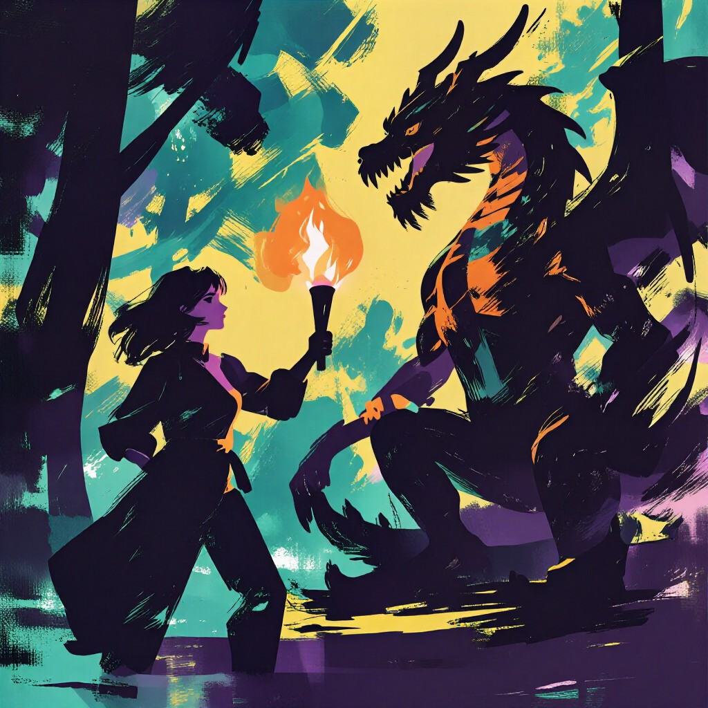 a woman holding a torch confronting a dragon in a dark forest on Tensor.Art