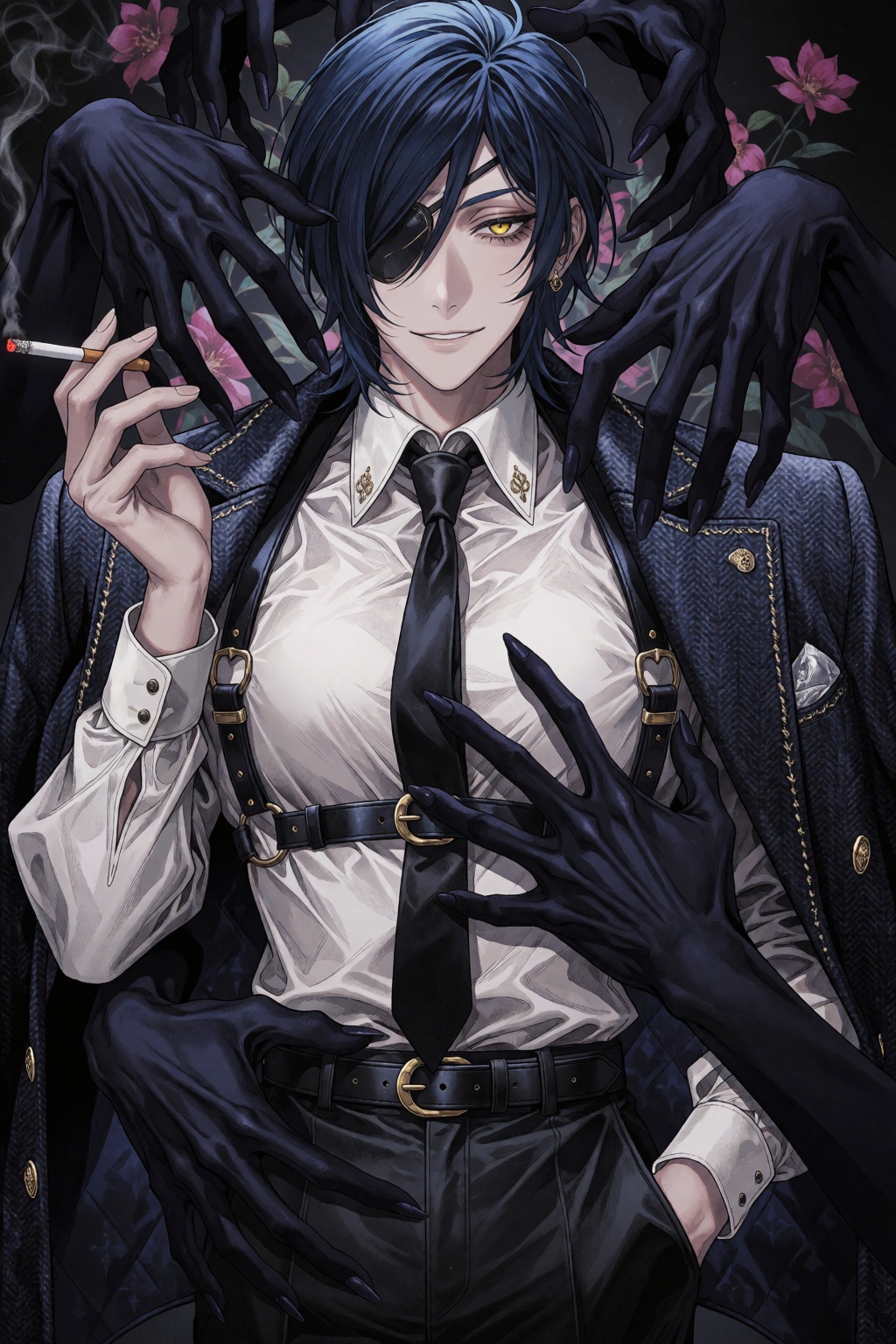 In a straight-on medium shot with a prominent cool tone,  a smirking man with short dark blue hair and a black eyepatch ov...
