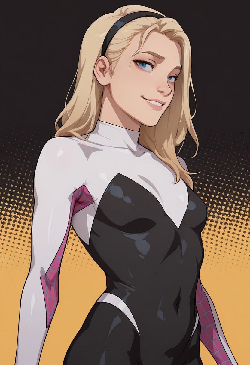 w3st3rnt00n5,  gwen_stacy spider-gwen 1girl ??? black_bodysuit blonde_hair blue_eyes ???????? headband long_hair looking_a...