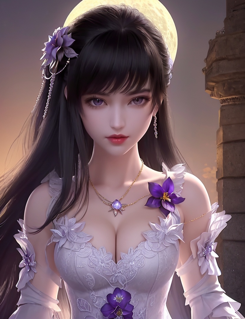 ultra realistic 8k cg, picture-perfect face, flawless, clean, masterpiece, professional artwork, famous artwork, cinematic lighting, cinematic bloom, perfect face, beautiful face, fantasy, dreamlike, unreal, science fiction,   lace, lace trim, lace-trimmed legwear,  (rich:1.4), prestige, luxury, jewelry, diamond, gold, pearl, gem, sapphire, ruby, emerald, intricate detail, delicate pattern, charming, alluring, seductive, erotic, enchanting, hair ornament, necklace, earrings, bracelet, armlet,halo((,1girl, pov,))(((1girl, jewelry, solo,, breasts, , looking_at_viewer,  outdoors,  full moon,  upper body,  purple flower, )))    <lora:DA_YueChanTeen:0.7>