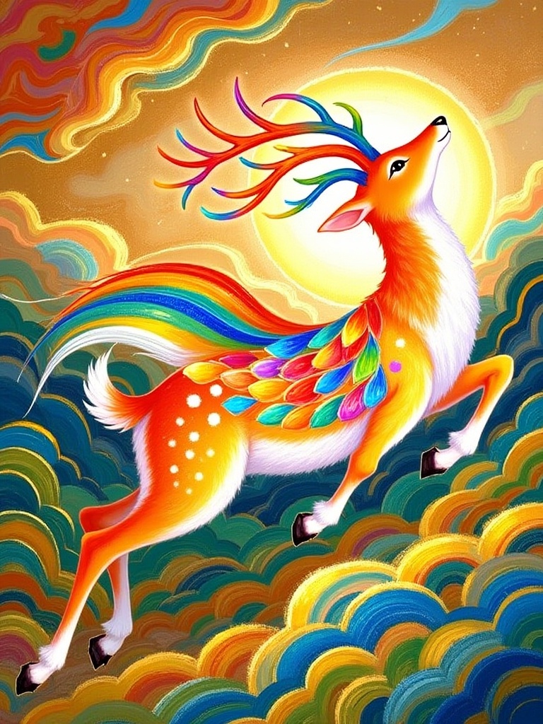 jbch, a vibrant digital painting of a majestic deer with multicolored, rainbow-hued antlers and a body adorned with bright, swirling patterns. The deer is leaping through swirling, colorful clouds against a golden, sunlit sky. The art style is whimsical and fantasy-like, with rich, saturated colors and dynamic, flowing lines.<lora:S-T-岩彩国风_S1.5:1>