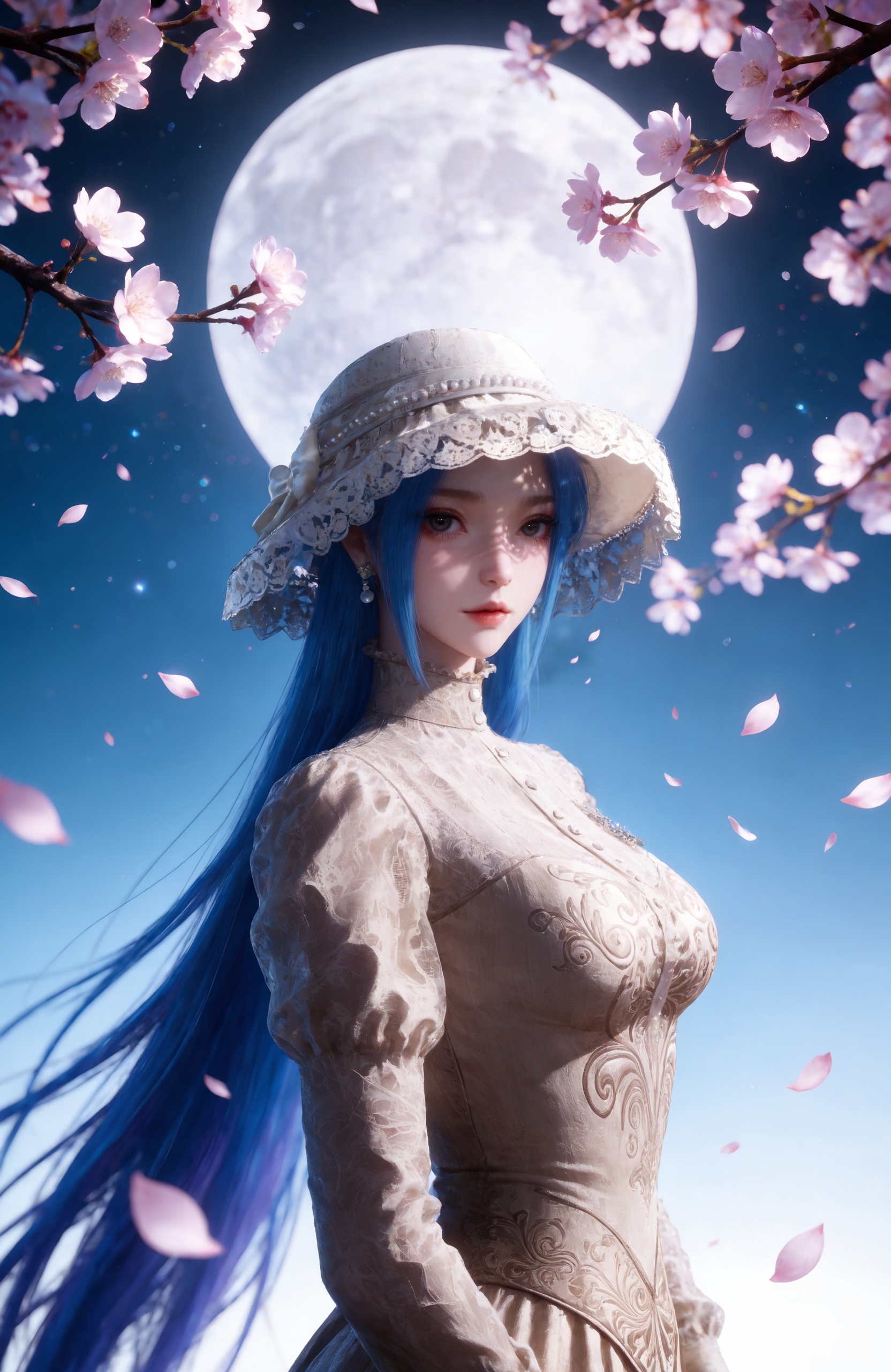 <lora:斗罗大陆2-唐舞桐-礼服IL:0.8> 1girl, blue hair, long hair, hat, black eyes,red lips, earrings, white dress, breasts, long sleeves, long dress, puffy sleeves,, masterpiece,best quality,solo,1girl,upper body,petals,looking at viewer,moon,branch,cherry blossoms,flower,extreme aesthetic,(quasarcake:0.7),masterpiece,best quality,good quality,newest,very aesthetic,absurdres,A shot with tension,(Visual impact,giving the poster a dynamic and visually striking appearance:1.2),impactful picture,offcial art,colorful,splash of color,movie perspective,