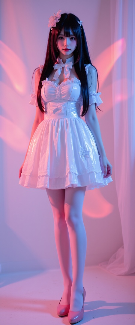 a woman in petticoat dress with short sleeves and bowtie and bow, she is wearing white pantyhose and pink high heels, she has long straight black hair with hair bow and hairband,(((photo raw)),),from front,Alternate Reality, Stylish Fashion, Creative Art, Unique Aesthetic,Alternative Style,reflective light,glowing,energy, reflection ,wearing see-through Hanfu,