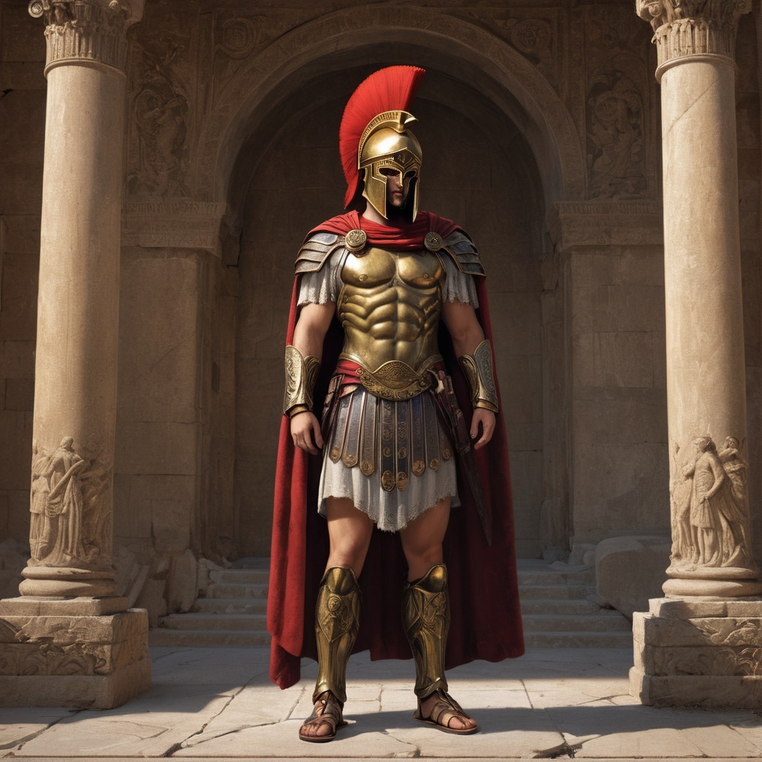 a classical oil painting, (spartan champion), spartan armor, red plumed spartan helmet, ornate, bronze cuirass, engraved, ornate armor, with leather and black details, shortsword, crimson cloak, full body portrait, full height photograph, perfect lighting, highly detailed, intricate, facing viewer, masterpiece, 4K artstation, temple of baalbek background, full shot, sandals, albert bierstadt, greg rutkowski, (art by Jeff Easley:1.4), (in the style of Clyde Caldwell)  <lora:Spartan_Armor_XL:0.5>