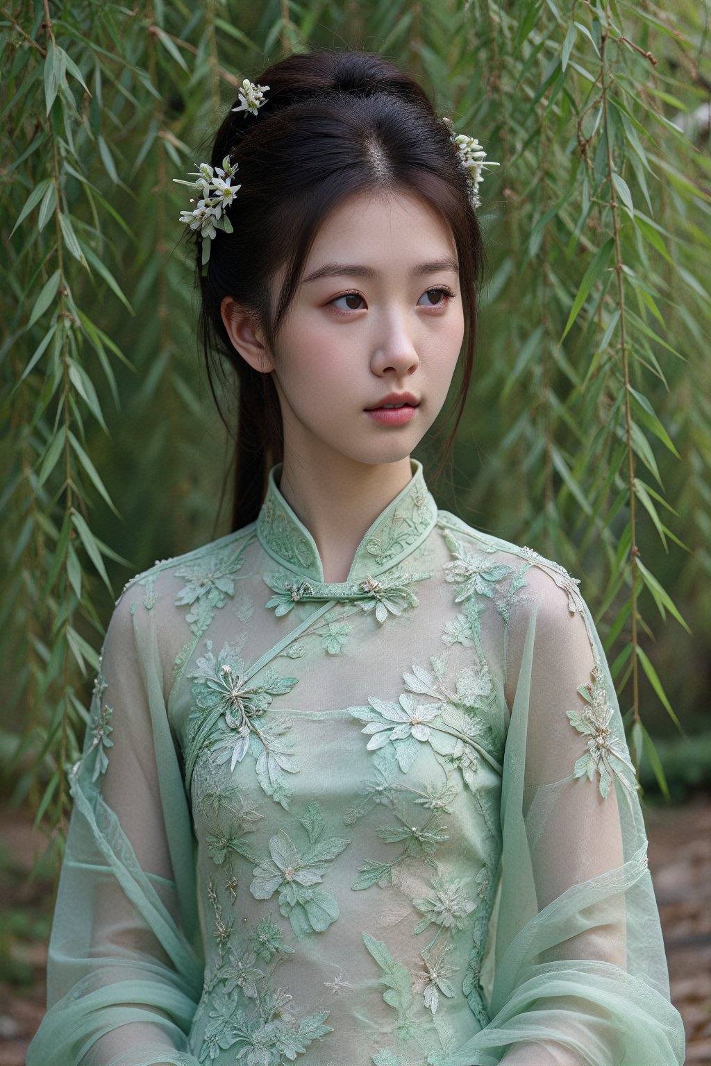 This is a photograph of a young East Asian woman with fair skin,  long black hair styled in an elegant updo adorned with s...