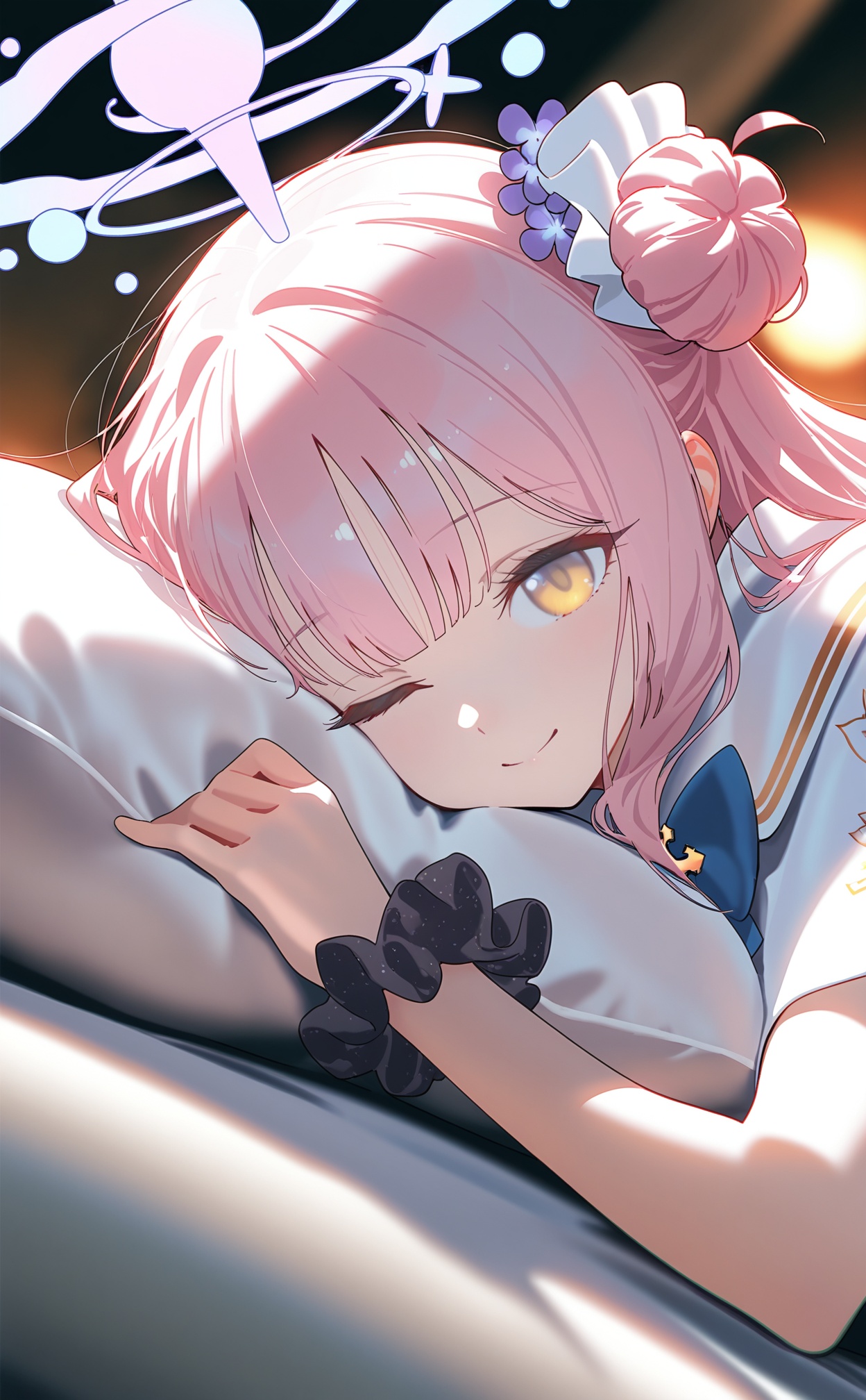 masterpiece,best quality,high quality,loli,chromatic_aberration,//,1girl, mika (blue archive), solo, pink hair, halo, one eye closed, single side bun, white capelet, looking at viewer, smile, hair bun, wrist scrunchie, yellow eyes, hugging object, scrunchie, pink halo, hair flower, capelet, pillow hug, flower, closed mouth, hair ornament, on stomach, long hair, pillow, ;), white dress, black scrunchie, dress, lying, frilled ribbon, upper body, black background, purple flower//,//,official art,depth of field,detailed light,blurry background,cinematic lighting,ray tracing,ultra detailed,god rays,backlighting,photo background,film grain,chromatic aberration,volumetric lighting,depth of field,blurry background,shiny skin,floating hair,cinematic lighting,day,very aesthetic,<lora:MAQ326——【noob】hans:0.8>,