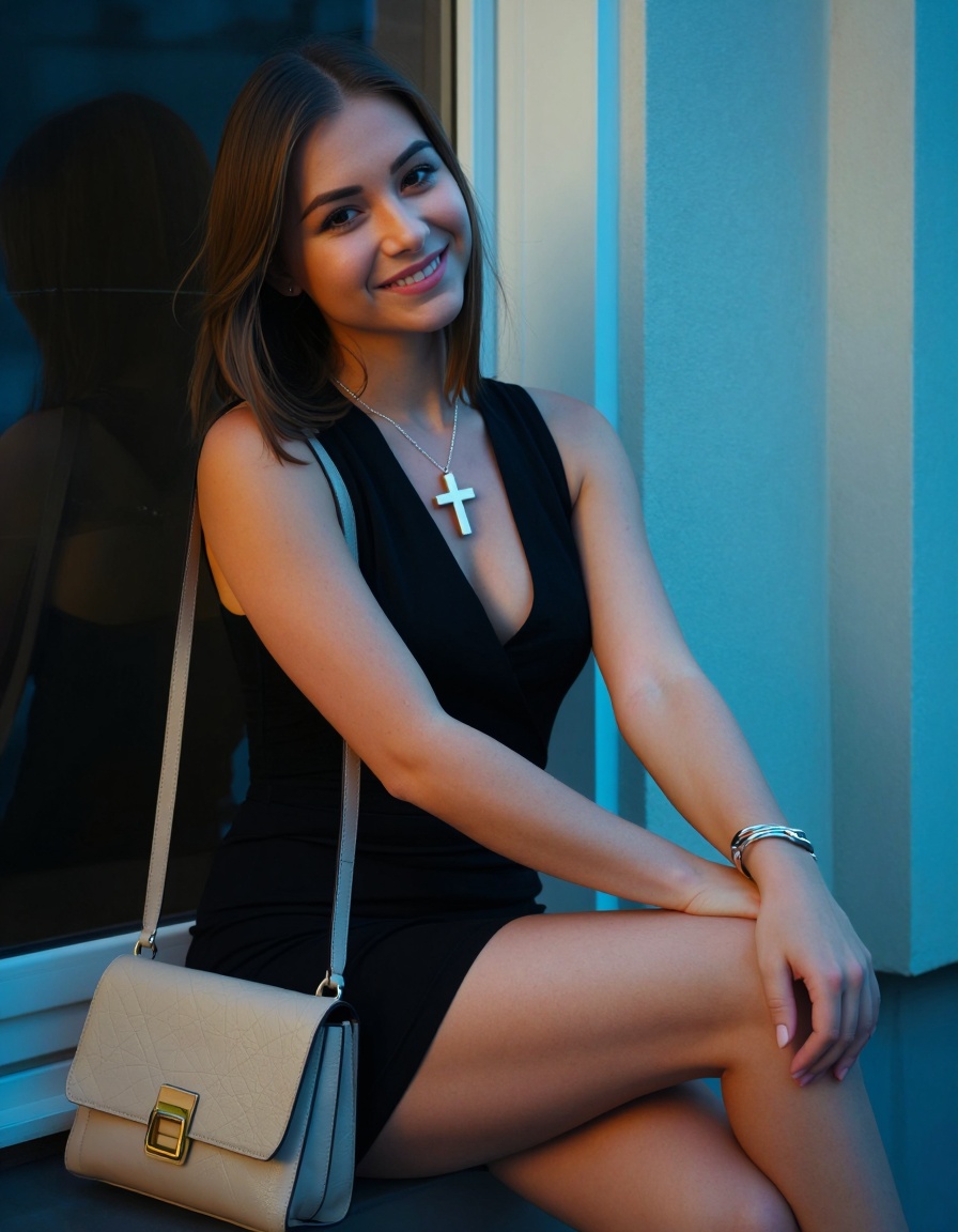 "photography of a smilng Ukraine woman,  dressed in black dress,  sleeveless top on Tensor.Art