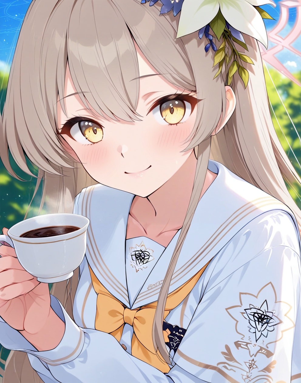 O,nagisa (blue archive),nagisa (blue archive),1girl,solo,cup,long hair,holding,teacup,looking at viewer,flower,holding cup,bangs,upper body,hair between eyes,smile,long sleeves,brown hair,yellow eyes,closed mouth,saucer,brown eyes,white sailor collar,holding saucer,shirt,blurry,sailor collar,(UHD),anatomically correct,accurate,textured skin,super detail,high details,award winning,best quality,high quality,retina,HD,16k,1080P,