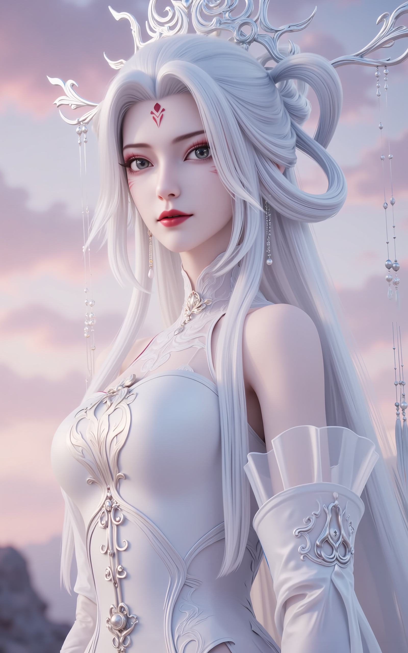 <lora:小白·新建模6:1>,xiaobai,1girl,solo,long hair,white hair,dress,facial mark,hair ornament,bare shoulders,forehead mark,white dress,red lips,detached sleeves,hair rings,makeup,looking at viewer,hair stick,grey eyes,1girl,toenail polish,barefoot,toenails,nail polish,anklet,feet,solo,dress,toes,jewelry,silver dress,legs,blurry,blurry background,foot focus,red nails,close-up,11,cover,gradient background,close-up details,outstanding style,adding a touch of dimension to your images without compromising details,close-up,<lora:DJ滤镜_2.5D版:0.3>,lvjing,<lora:绚丽多彩·10:0.4>,guoman,