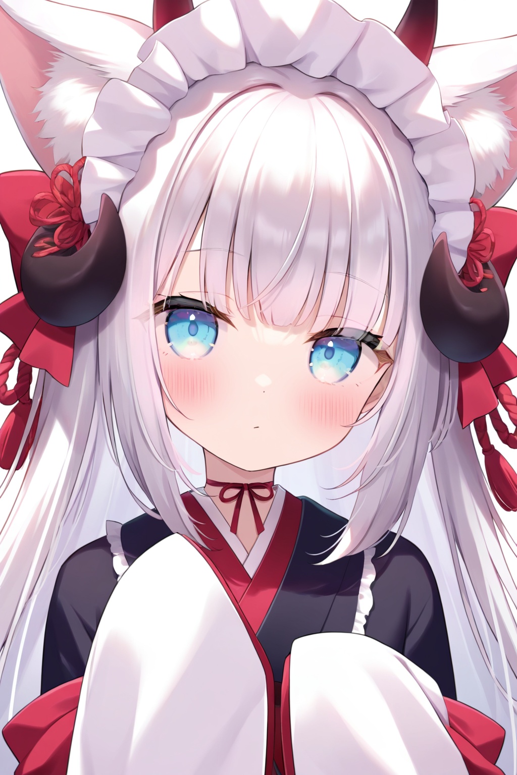 1girl, solo, long hair, looking at viewer, blush, bangs, blue eyes, simple background, long sleeves, white background, animal ears, closed mouth, upper body, white hair, frills, japanese clothes, horns, kimono, animal ear fluff, sleeves past wrists, maid headdress, sleeves past fingers