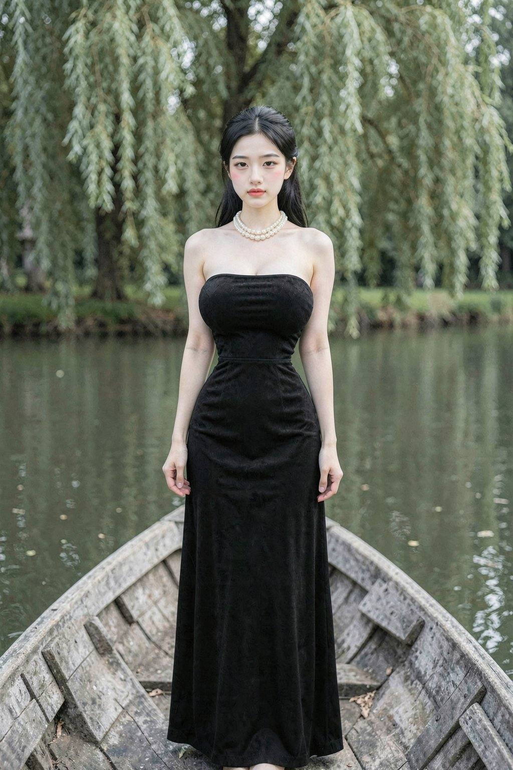 The image is a high-resolution photograph of a young Asian woman standing on a wooden rowboat on a serene lake. The woman, who appears to be in her early 20s, has a fair skin tone and long, straight black hair styled in a sleek ponytail. She is wearing a strapless, floor-length black velvet dress that clings to her slender figure, accentuating her small to medium-sized breasts. Around her neck, she wears a single strand of white pearls, adding a touch of elegance to her appearance. Her makeup is subtle yet sophisticated, featuring a soft pink lip color and a hint of blush on her cheeks.The background showcases a lush, green landscape with tall trees and a dense canopy of willow branches, which frame the scene and provide a natural, peaceful ambiance. The water of the lake is calm and reflects the greenery, adding to the tranquil atmosphere. The wooden rowboat has a rustic, weathered look, with visible cracks and a worn texture that contrasts with the smoothness of her dress. The overall mood of the photograph is serene and romantic, with a focus on the woman's elegant and poised presence amidst nature's beauty.
