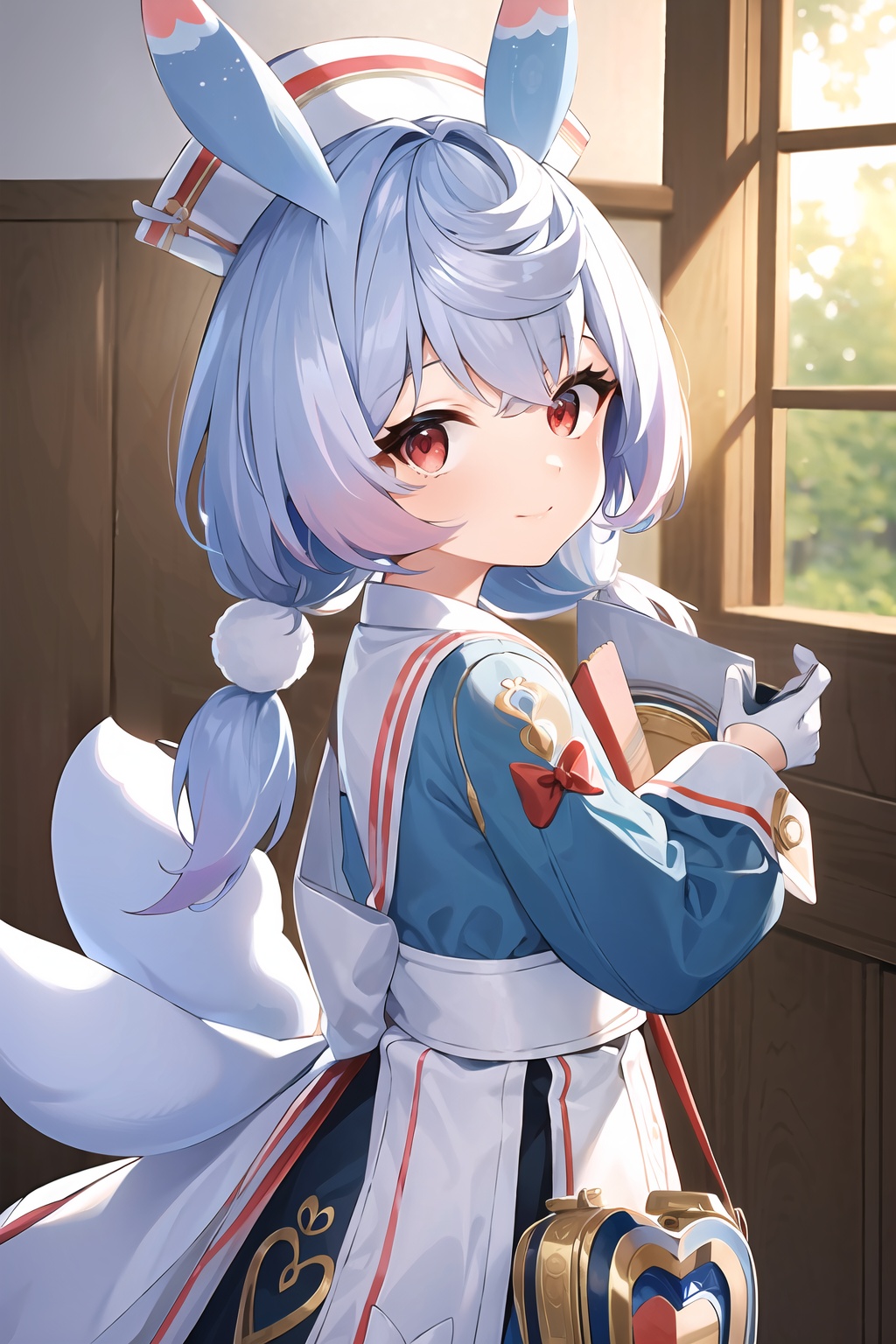 (masterpiece, best quality:1.2),insanely detailed,absurdres,ultra-highres,ultra-detailed,best quality,slender,kawaii,perfect symmetrical face,ultra cute girl,ultra cute face,ultra detailed eyes,ultra cute,ultra beautifu,<lora:sigewinneT-000008:1>,sigewinne \(genshin impact\),1girl,solo,animal ears,back bow,looking at viewer,book,short twintails,smile,red eyes,hat,rabbit tail,blue hair,long sleeves,white gloves,dress,white headwear,closed mouth,holding,apron,vision \(genshin impact\),white apron,bow,book stack,looking back,pom pom hair ornament,indoors,nurse cap,blurry background,from behind,heart satchel,upper body,gloves,