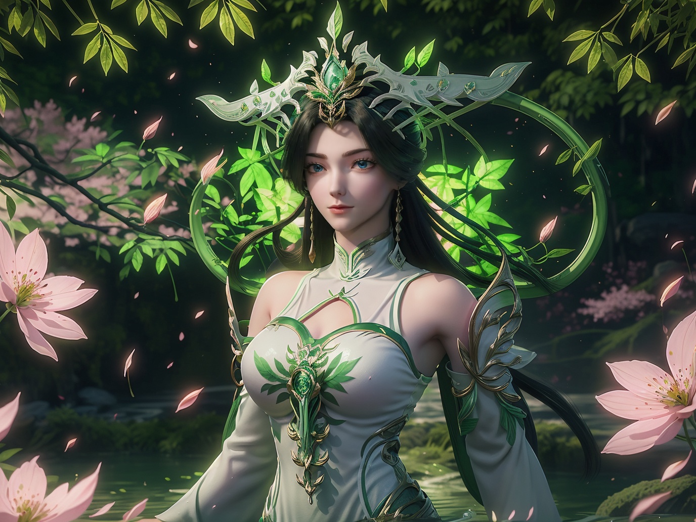 <lora:liushen-000010:0.9>,(liushen invincible),(cowboy shot),looking at viewer,1girl,solo,jewelry,hair ornament,earrings,bare shoulders,clothing cutout,detached sleeves,wide sleeves,ribbon,invincible high collar dress,(water,waterfall,lake),(fantasy),((falling petals:1.3,vibrant glowing green leaves:1.3)),(light particles),((pink flower falling,cherry blossoms)),