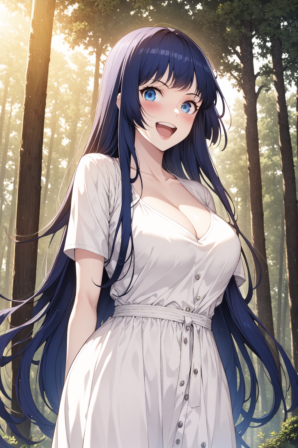 <lora:01熏儿漫画第一版:1>,1girl,solo,long hair,blue eyes,smile,breasts,open mouth,dress,looking at viewer,cleavage,outdoors,forest,short sleeves,tree,bangs,:d,arms behind back,white dress,blue hair,nature,black shirt,upper teeth only,standing,sunlight,shirt,very long hair,teeth,large breasts,medium breasts,