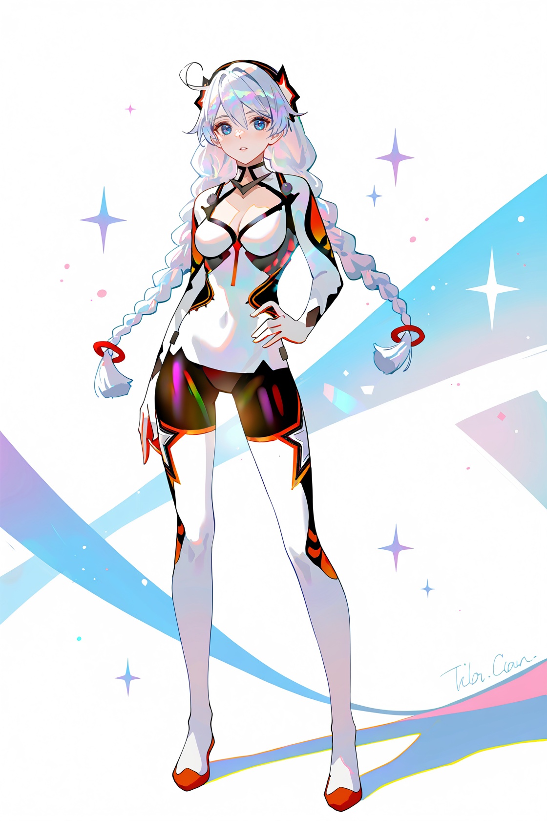 8k, best quality, masterpiece, (ultra-detailed), (high detailed skin), ((artist:reoen),(artist:fuzichoco),(artist:atdan),(artist:torino_aqua),year 2024:0.8)1girl, [artist:wlop], [artist:ningen_mame], artist:ciloranko, [[artist:rhasta]], artist:tidsean, colorful, detailed light, light leaks, sunlight, bokeh, blurry foreground, ray tracing, lens flare, cinematic lighting, full body, full shot, standing, looking at viewer, (solo:1.2), simple background, (white background:1.2), hand on own hip, (white background:1.1), <lora:kiana-young-noob-Tanger:0.8>, kiana kaslana, White Comet, White Comet white bodysuit, 1st clothes, 1girl, blue eyes, braid, long hair, twin braids, white hair, bangs, breasts, bodysuit, A full-body portrait of a young girl, standing gracefully, pastel art style, high-key lighting, shoujo manga influence, hd quality, delicate details, 