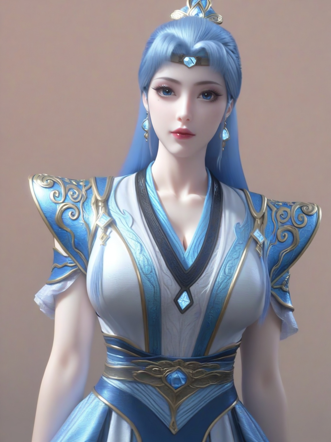 score_9,1girl,solo,dress,long hair,standing,earrings,hair ornament,blue hair, eyelashes, large breasts,enchanting expression,standing,lipstick,upper body,looking at viewer,simple background,<lora:SF_DieGe_Pony_Realism2.3-000004:0.7>,