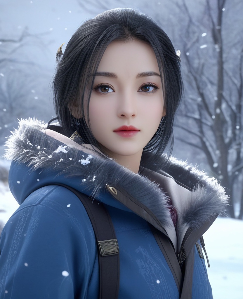 <lora:571-DA-XL-眷思量-奉眠:0.8>(,1girl, ,best quality, ),looking at viewer,masterpiece, (( , )),, realistic,science fiction,mole, ultra realistic 8k cg, ,outdoors, snow, snowing,