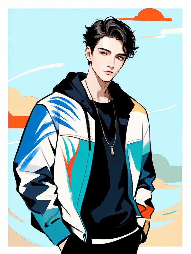Handsome hand-painted of a boy, cool, handsome, secondary, excellent, hand-painted, minimalist style