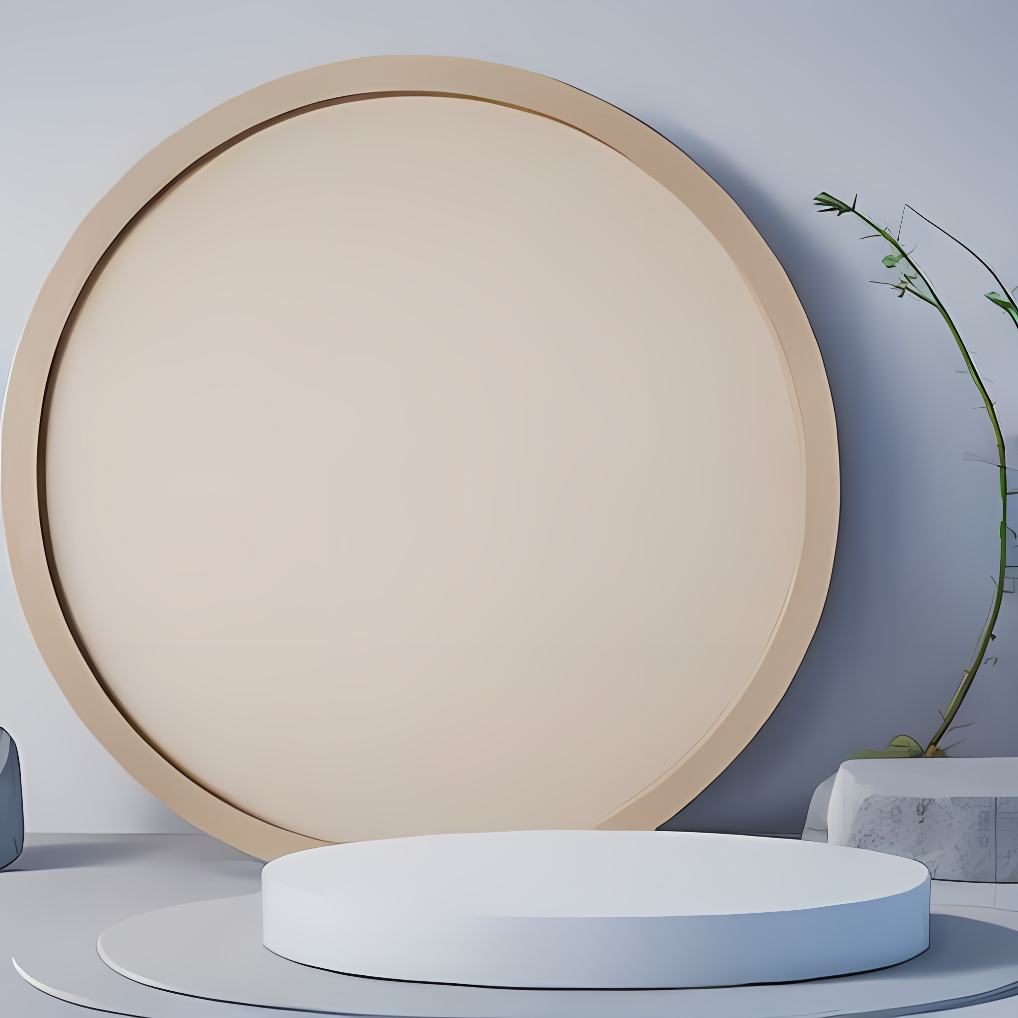 Minimalist chinese background,indoor,guest-greeting pine,round/square flat podium,Mountain,studio lights,stone,A circular screen with a mountain design/A solid color screen,A solid wall/A wall with a mountain pattern,empty flat podium,(best quality:1.2),(extremely detailed CG unity 8k wallpaper) <lora:zhantai-003-000022:0.9>