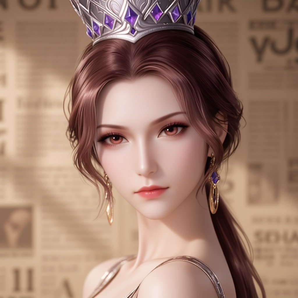 <lora:比比东·泛化版8:1.2>,bibidong,brown hair,brown eyes,pony-tail,low ponytail,looking at viewer,crown,jewelry,cover,gradient background,close-up details,outstanding style,adding a touch of dimension to your images without compromising details,close-up,<lora:DJ滤镜_2.5D版:0.4>,lvjing,<lora:油画唯美滤镜15:0.2>,baoshi,<lora:报纸背景·5:0.4>,baozhi,paper,newspaper,the newspaper wall,newspaper background,