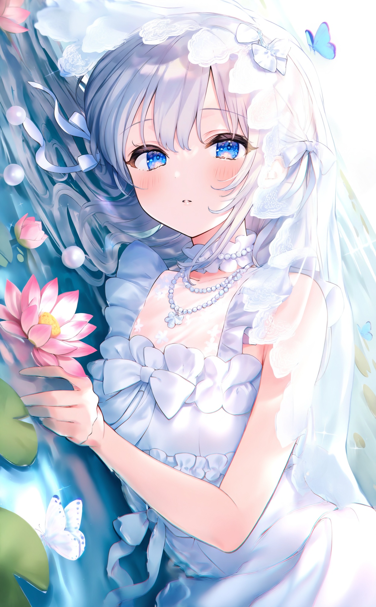 masterpiece,absurdres,best quality,high quality,chromatic_aberration,//,1girl, lily pad, solo, veil, dress, flower, white hair, lying, bug, blue eyes, white dress, looking at viewer, lotus, butterfly, parted lips, choker, jewelry, white choker, frills, sleeveless, ribbon, blush, bow, pearl necklace, water, partially submerged, frilled dress, necklace, white ribbon, white bow, beads, sleeveless dress, pearl (gemstone), long hair, on side, frilled choker, sparkle, upper body, bridal veil, dutch angle, on stomach, hair ribbon, pink flower//,//,<lora:nekoyashiki_pushio——【CKXL】hans:1>,