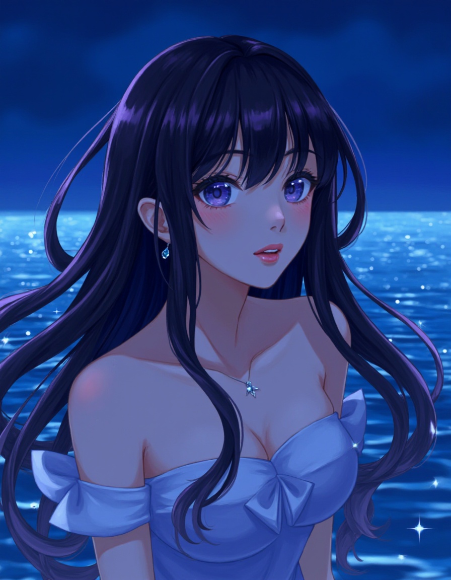 ((4k,masterpiece,best quality)),professional camera,8k photos,wallpaper,1girl,solo,long hair,black hair,(dress:1.3),bare shoulders,jewelry,eyes,earrings,outdoors,sky,sparkle_water,necklace,dress,lips,sparkle,night,floating hair,wind,red lips,Seaside,sea,blue water,glowing water,rippling water,yuechan,purple hair,