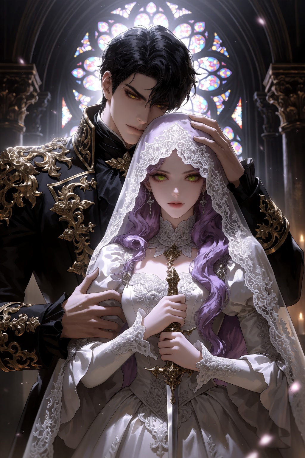 A detailed fantasy illustration of an eye-level medium shot with a dramatic,  dark gothic tone depicting a black-haired ma...