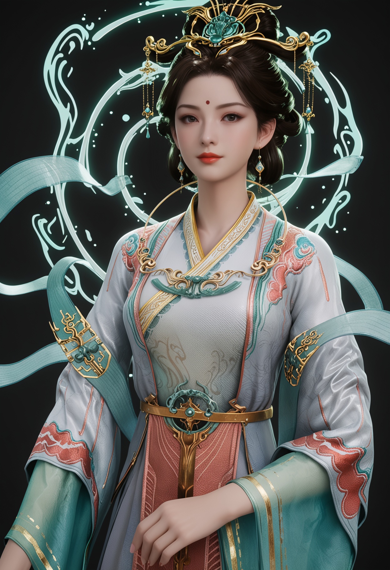 (upper_body:1.2),score_9,score_8_up,masterpiece,(best quality),intricate details,facing viewer,(looking at viewer:1.1),<lora:YQ_pony_xiwangmu_V4:0.8>,q1528437228,1girl,solo,jewelry,earrings,hair ornament,black hair,chinese clothes,forehead mark,red lips,long sleeves,makeup,dress,hanfu,hair bun,updo,brown hair,black eyes,wide sleeves,brown eyes,hair stick,shawl,necklace,hair rings,forehead jewel,single hair bun,hagoromo,BREAKscore_9,score_8_up,masterpiece,(best quality),perfect anatomy,(hourglass),perfect face,(simple background,pure black background,black background:1.1),fair_skin,shiny_skin,Ivory_skin,