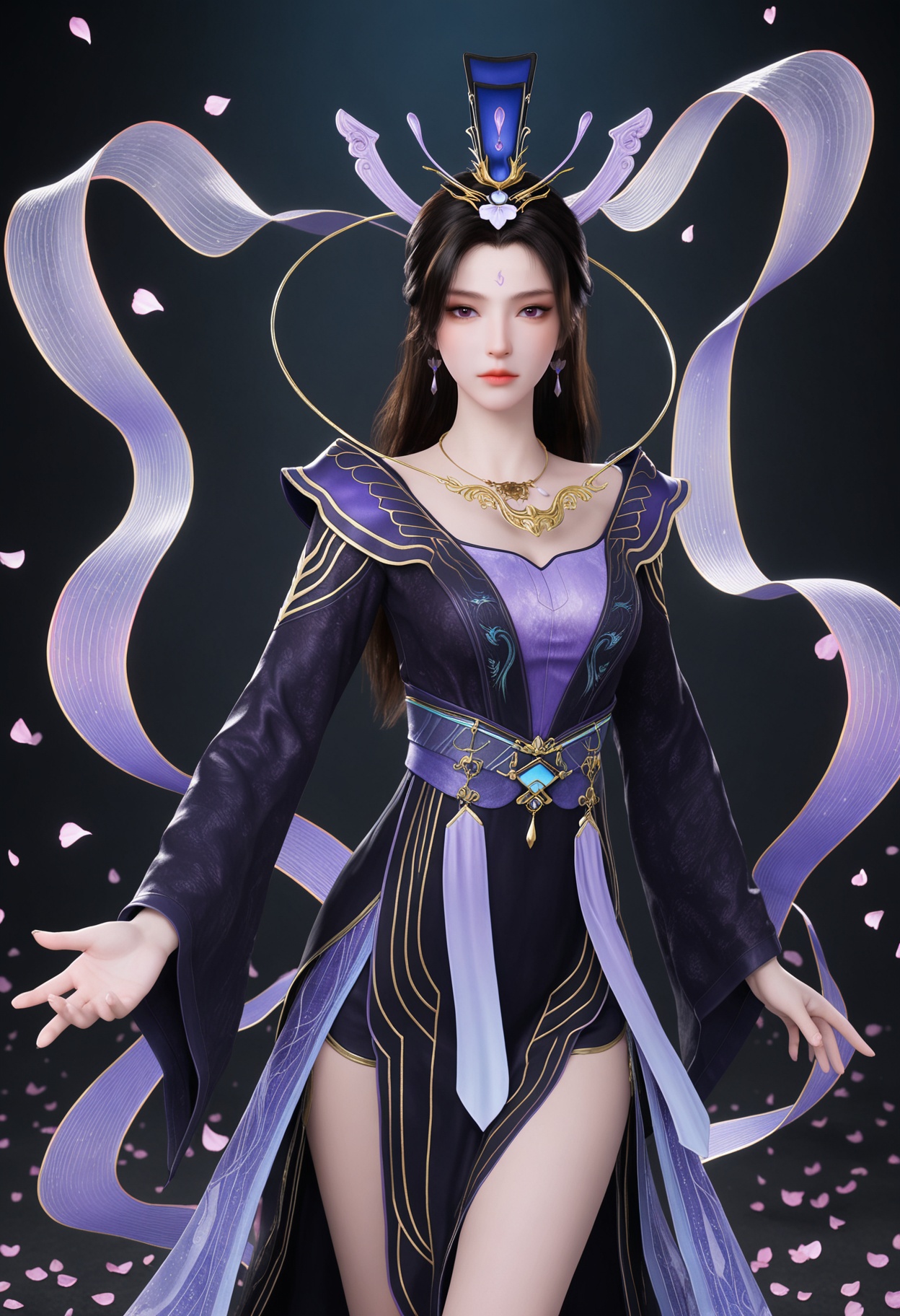 (upper_body:1.2),(looking at viewer:1.1),masterpiece,(best quality),smog,Dark room,dim lighting,peach blossom,falling petals,<lora:YQ_Illustrious光辉v5_紫霞_V1:0.8>,q1528437228,1girl,solo,black hair,long hair,jewelry,hair ornament,dress,earrings,necklace,Celestial streamers,Flowing streamer,Silk streamer,Trailing ribbon,ribbons,long sleeves,forehead mark,sash,chinese clothes,wide sleeves,purple dress,brown hair,shawl,hat,black footwear,black dress,purple eyes,floating,obi,hagoromo,bare legs,brown eyes,hair bun,side slit,