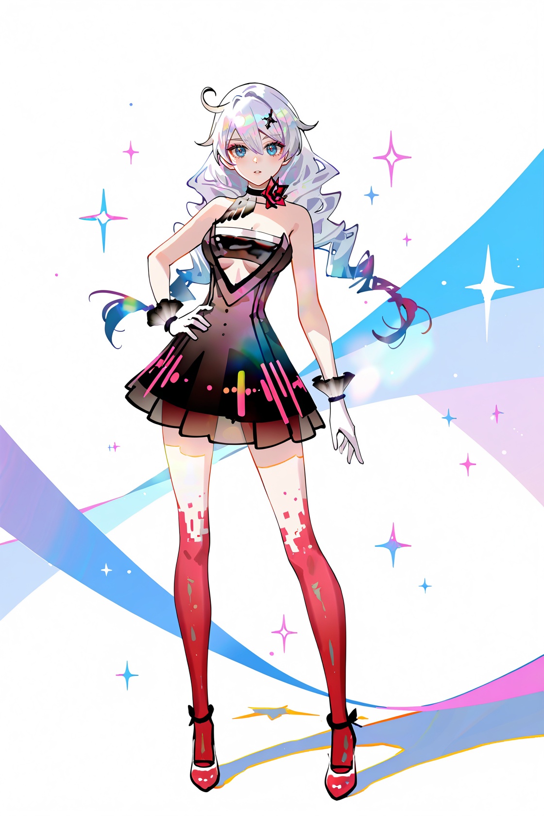 8k, best quality, masterpiece, (ultra-detailed), (high detailed skin), ((artist:reoen),(artist:fuzichoco),(artist:atdan),(artist:torino_aqua),year 2024:0.8)1girl, [artist:wlop], [artist:ningen_mame], artist:ciloranko, [[artist:rhasta]], artist:tidsean, colorful, detailed light, light leaks, sunlight, bokeh, blurry foreground, ray tracing, lens flare, cinematic lighting, full body, full shot, standing, looking at viewer, (solo:1.2), simple background, (white background:1.2), hand on own hip, (white background:1.1), <lora:kiana-young-noob-Tanger:0.8>, kiana kaslana, geji, geji dress, 6th clothes, 1girl, blue eyes, braid, long hair, twin braids, dress, white gloves, bare shoulders, A full-body portrait of a young girl, standing gracefully, pastel art style, high-key lighting, shoujo manga influence, hd quality, delicate details, 