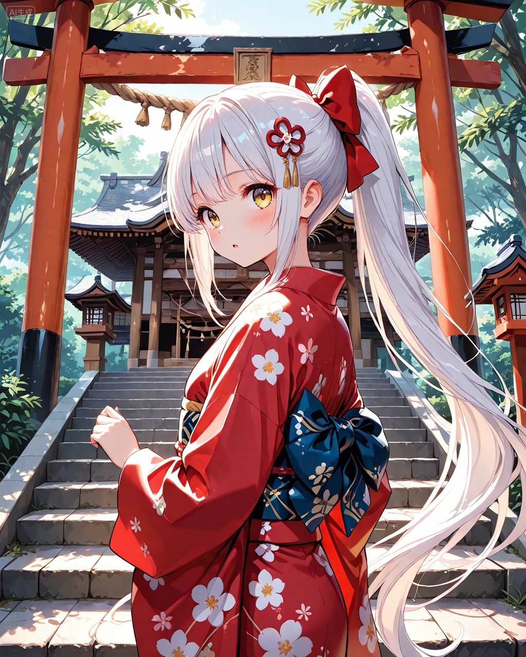 1girl, japanese clothes, solo, kimono, long hair, outdoors, looking at viewer, bow, very long hair, white hair, hair bow, sash, ponytail, red bow, stairs, yellow eyes, floral print, blush, day, obi, print kimono, bangs, red kimono, tree, architecture, wide sleeves, east asian architecture, standing, long sleeves, sky, looking back, parted lips, torii, shrine, sidelocks, looking to the side, :o, hair ornament, Negative prompt: ((nsfw)),sketches,tattoo,(beard:1.3),(EasyNegative:1.3),badhandv4,(Teeth:1.3),(worst quality:2),(low quality:2),(normal quality:2),lowers,normal quality,facing away,looking away,text,error,extradigit,fewerdigits,cropped,jpegartifacts,signature,watermark,username,blurry,skinspots,acnes,skinblemishes,badanatomy,fat,bad feet,cropped,poorly drawn hands,poorly drawn face,mutation,deformed,tilted head.bad anatomy.bad hands,extra fingers,fewer digits.,extra limbs.extra arms,extra legs,malformed limbs.fused fingers.,too many fingers,long neck,cross-eyed,mutated hands,bad body,bad proportions,gross proportions,text,error,missing fingers,missing arms,missing legs,extra digit,extra arms,extra leg,extra foot,missing fingers,nsfw,,nsfw, Steps: 25, Sampler: DPM++ 2M Karras, CFG scale: 7.0, Image CFG scale: 1.5, Seed: 2474577474, Size: 1024x1280, Model hash: 9fefdb2c24, Model: 我大多数_1.0.safetensors, Denoising strength: 0.4, Clip skip: 2, RNG: CPU, Mask blur: 4, Lora 1: 动漫二次元眼睛刻画（基础XL）, Lora Hash 1: 488bf17588, Lora Weight 1: 0.8, Lora 2: 二次元厚涂风格模型, Lora Hash 2: 571eba0c12, Lora Weight 2: 0.4, Lora 3: 二次元动漫细节加强, Lora Hash 3: 600d97257e, Lora Weight 3: 0.3, Lora 4: Xian-T手部修复lora（不用controlnet也不坏手了）, Lora Hash 4: 4ec9e988a2, Lora Weight 4: 1.0, vae_name: automatic