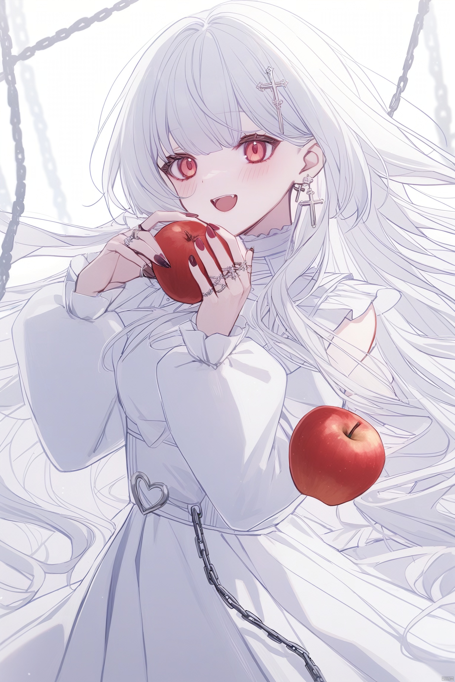 1girl, solo, long hair, looking at viewer, open mouth, bangs, red eyes, long sleeves, dress, ribbon, holding, jewelry, very long hair, white hair, heart, earrings, frills, food, puffy sleeves, nail polish, white dress, fruit, chain, fangs, wavy hair, ring, cross, holding food, apple, holding fruit, cross earrings, white theme