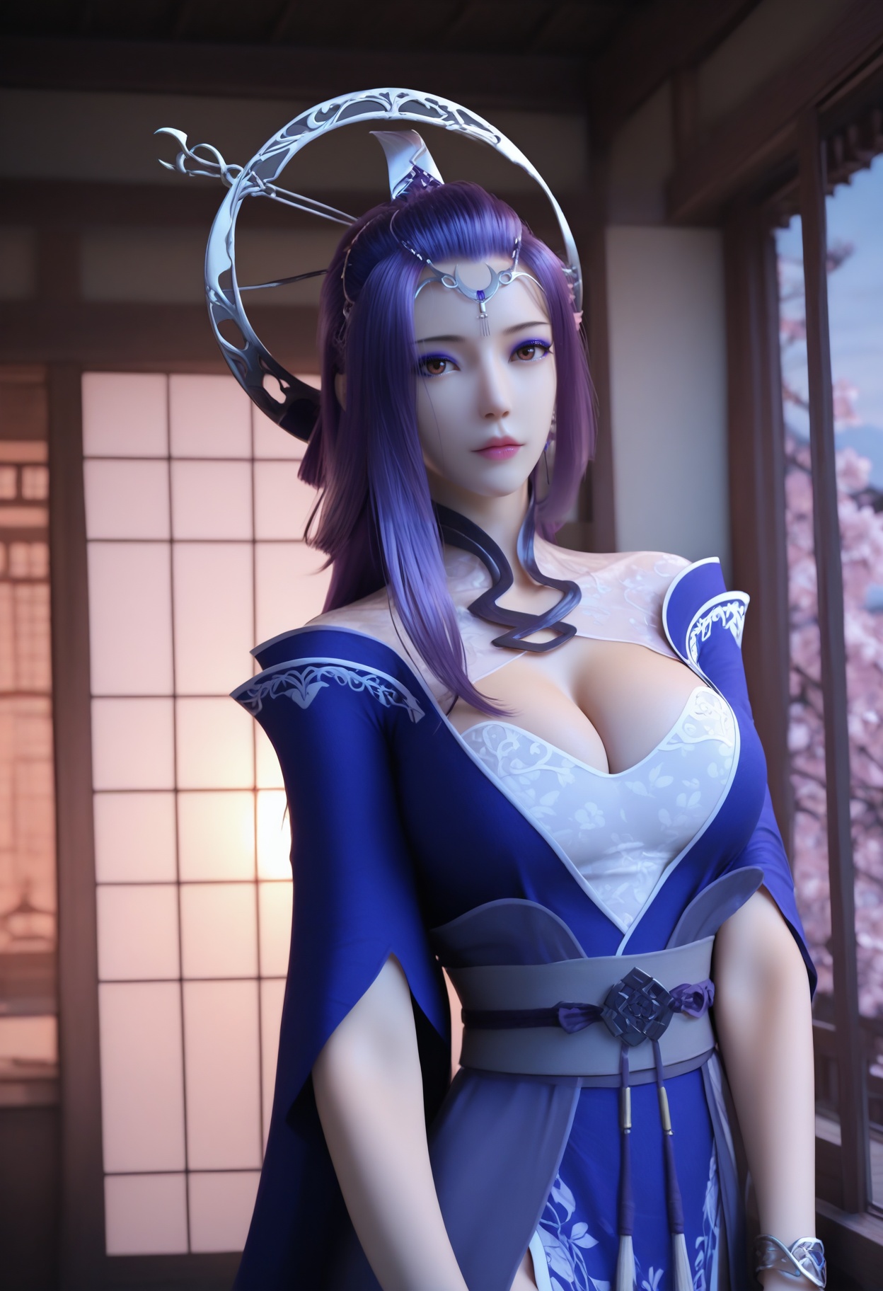 Yue_ji,1girl,purple hair,long hair,looking at viewer,circlet,cleavage,ring,large breasts,makeup,bracelet,jewelry,bare legs,anklet,earrings,blue dress,cape,chinese clothes,backless outfit,cleavage cutout,photorealistic,hyperrealistic,<lora:realistic filter [IL]:1>,looking at viewer,<lora:Yue_ji_10_illu-000004:0.75>standing,(upper body:1.2),lantern,open window,looking at viewer,indoors,mountains,blossoms,flowers,east asian architecture,beautiful sunrise,warm ambient temperature,