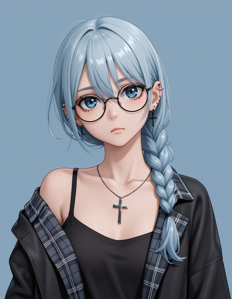shirt,cross,solo,braid,jewelry,necklace,plaid shirt,cross necklace,blue background,1girl,black shirt,long hair,glasses,ear piercing,piercing,jacket,plaid,upper body,closed mouth,looking at viewer,simple background,sparkle,expressionless,jacket partially removed,blue eyes,single braid,blue hair,earrings,black jacket,hair between eyes,off shoulder,collarbone,round eyewear,light blue background,long sleeves,black-framed eyewear,open clothes,latin cross,frown,
