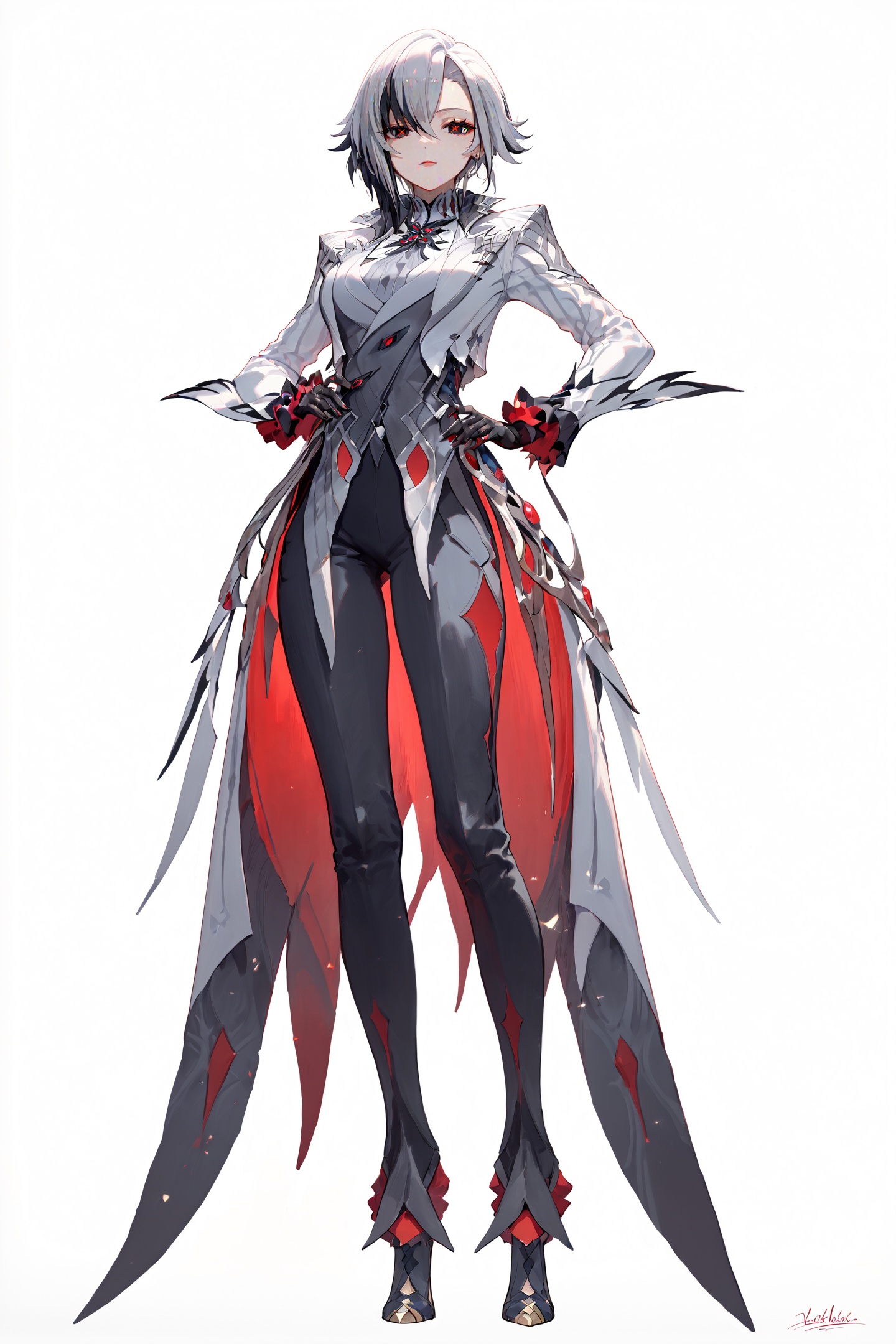 score_9, score_8_up, score_7_up, score_6_up, 8k, best quality, masterpiece, (ultra-detailed:1.1), (high detailed skin), (full body:1.4), white background, standing, looking at viewer, (solo:1.4), hand on hip, <lora:Arlecchino-pony-Tanger:0.8>, Arlecchino, def clothes, 1girl, x-shaped pupils, red pupils, black gloves, pants, symbol-shaped pupils, multicolored hair, black hair, white hair, (white background, simple background:1.3), (beautiful_face), ((intricate_detail)), clear face, ((finely_detailed)), fine_fabric_emphasis, ((glossy)), full_shot, <lora:Anime Boys Style SDXL_LoRA_20r_20e_8i_nr32_a16_Pony Diffusion V6 XL:0.5>, <lora:HKStyle:0.6>, 