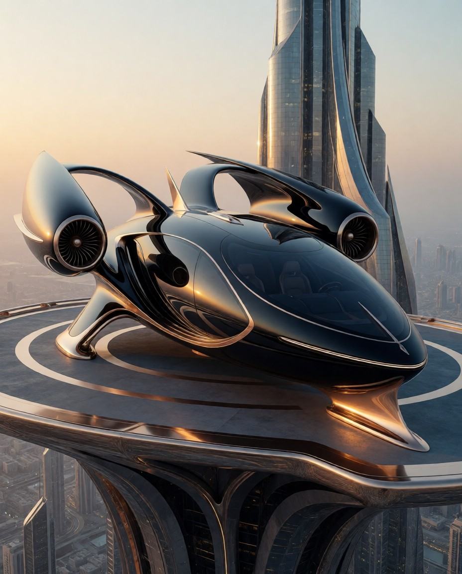 An ultra-luxurious private aero-yacht gracefully docked at a VIP helipad perched on the edge of a towering spire in starci...