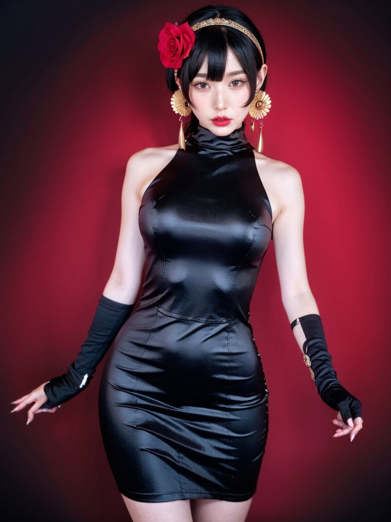 1girl,turtleneck dress,yor briar,solo,red eyes,black hair,black dress,red background,hairband,flower,hair flower,hair ornament,looking at viewer,gold hairband,gloves,fingerless gloves,jewelry,bare shoulders,sidelocks,earrings,black gloves,holding own arm,lips,cowboy shot,red lips,closed mouth,gold earrings,two-sided dress,rose,