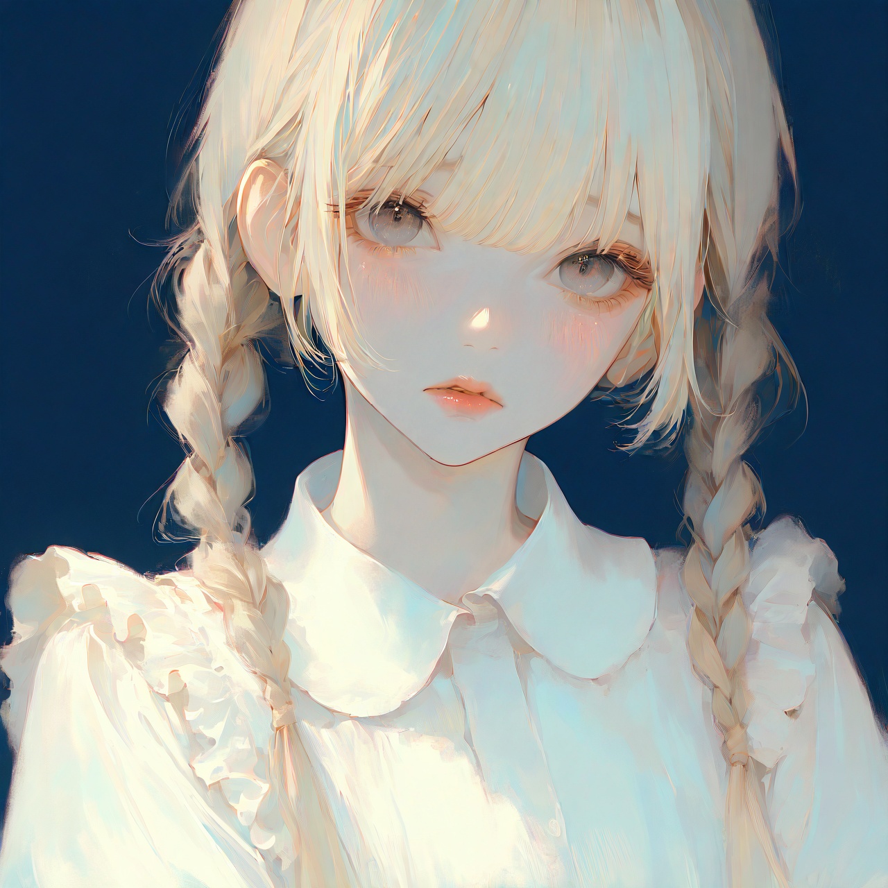 <lora:Tourun ThickPaint Style:0.8>,absurdres,realistic,rim light,wallpaper,best quality,1girl,solo,braid,twin braids,shirt,parted lips,long hair,looking at viewer,blue background,upper body,white shirt,bangs,simple background,blush,frills,blonde hair,lips,collared shirt,grey eyes,twintails,shy,