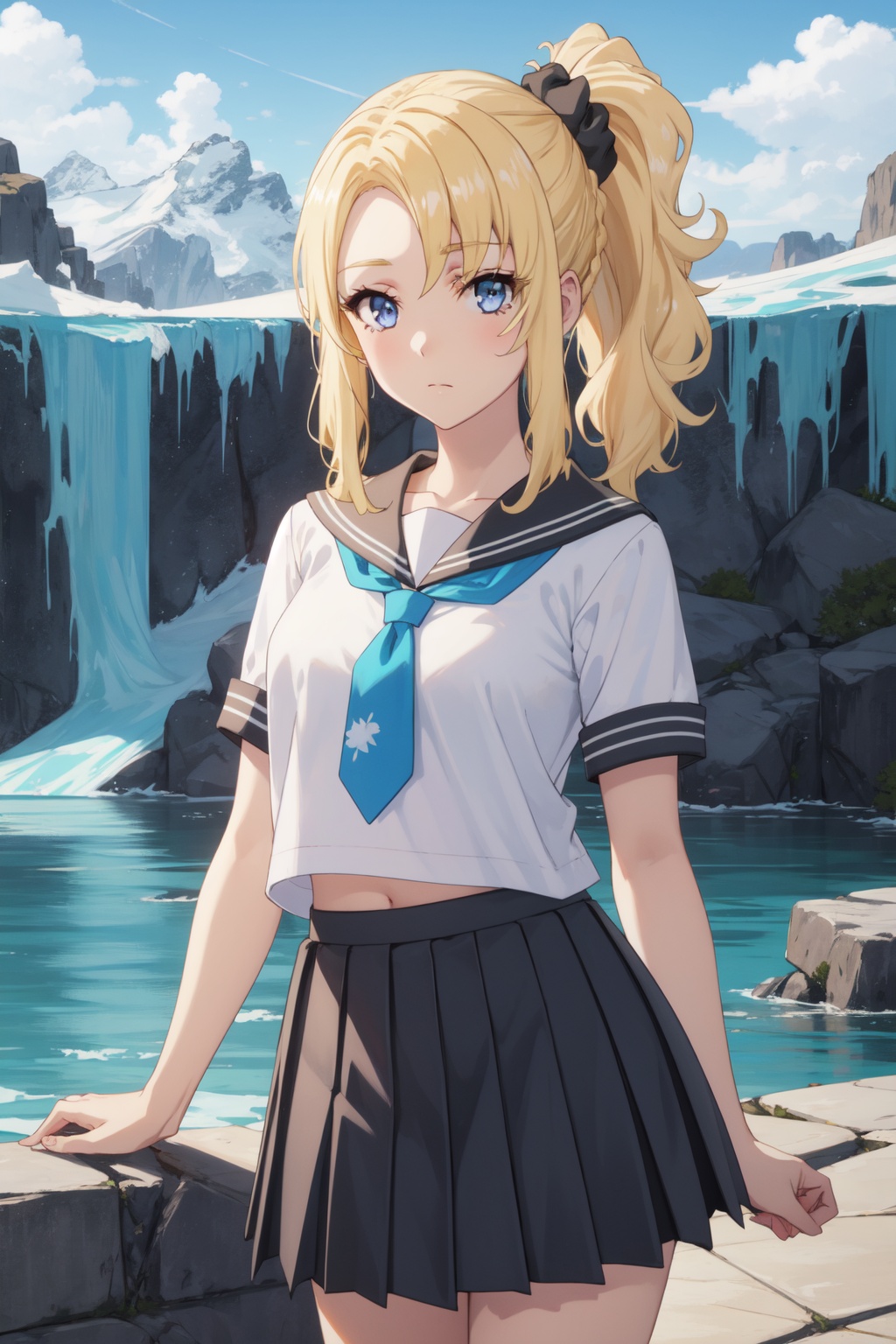 <lora:Nodoka:0.8>,Nodoka CYQL,1girl,looking at viewer,solo,blonde_hair,ponytail,bangs,long_hair,black_scrunchie,hair_ornament,hair_scrunchie,scrunchie,blue_eyes,school_uniform,skirt,serafuku,necktie,pleated_skirt,sailor_collar,shirt,short_sleeves,white_shirt,black_skirt,seductive_smile,cowboy_shot,Fjord, Glacier, Icebergs, Turquoise water, Mountains, Waterfalls, Seals, Exploration,(Rose bushes, Garden arch, Wedding ceremony, Floral arrangements, Romantic setting, Wedding vows:0.5),beautiful detailed sky,beautiful detailed glow,posing in front of a colorful and dynamic background,masterpiece,best quality,beautiful and aesthetic,contrapposto,female focus,wallpaper,