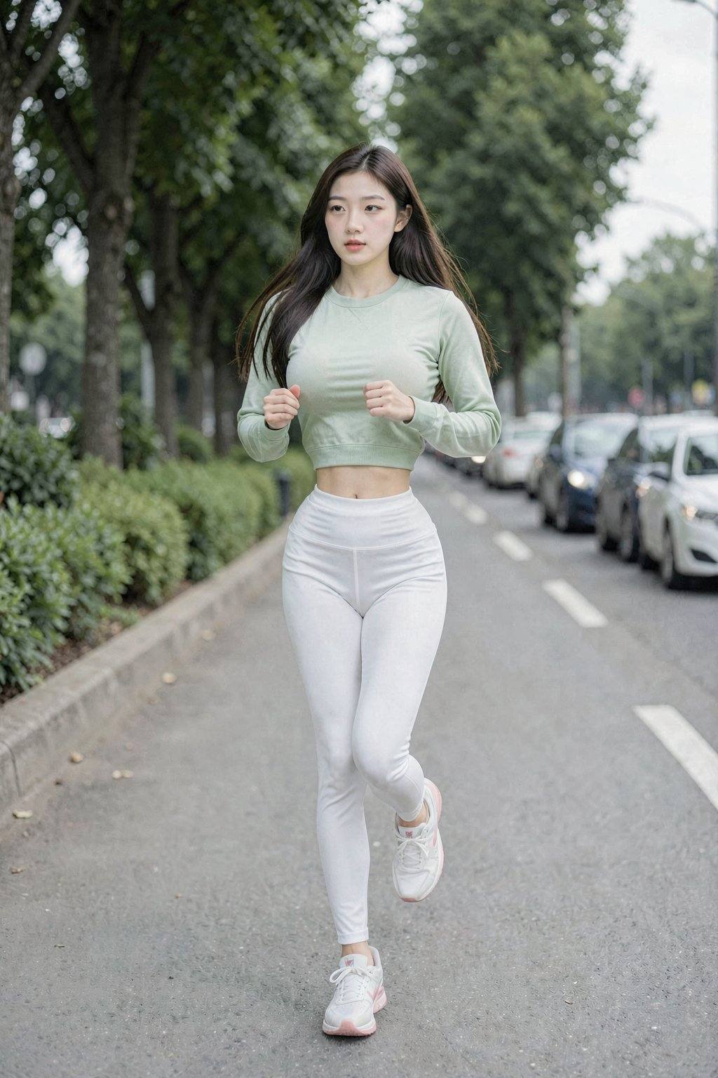 This is a high-resolution photograph of a young Asian woman jogging outdoors. She is captured in mid-stride, her expression focused and determined. She has long, straight, dark brown hair that falls naturally over her shoulders. Her skin tone is fair, and she has a slender build with a flat stomach. She is wearing a light green, long-sleeve crop top that reveals her midriff and white, high-waisted leggings that snugly fit her figure. On her feet are white athletic sneakers with pink accents. The background shows a paved pathway lined with greenery on one side and a street with parked cars on the other. The street is lined with tall, green trees and bushes, adding a touch of nature to the urban setting. The sky is overcast, casting a soft, diffused light over the scene. The pavement is a smooth, gray surface, and the jogger is positioned in the center of the frame, with her left side slightly closer to the camera. The overall mood of the image is energetic and focused, highlighting the subject's active lifestyle.
