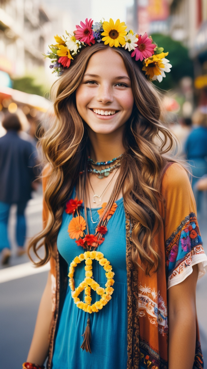 Imagine a breathtakingly cinematic photograph that captures the essence of the 70s: A young hippie girl,  her brown hair c...